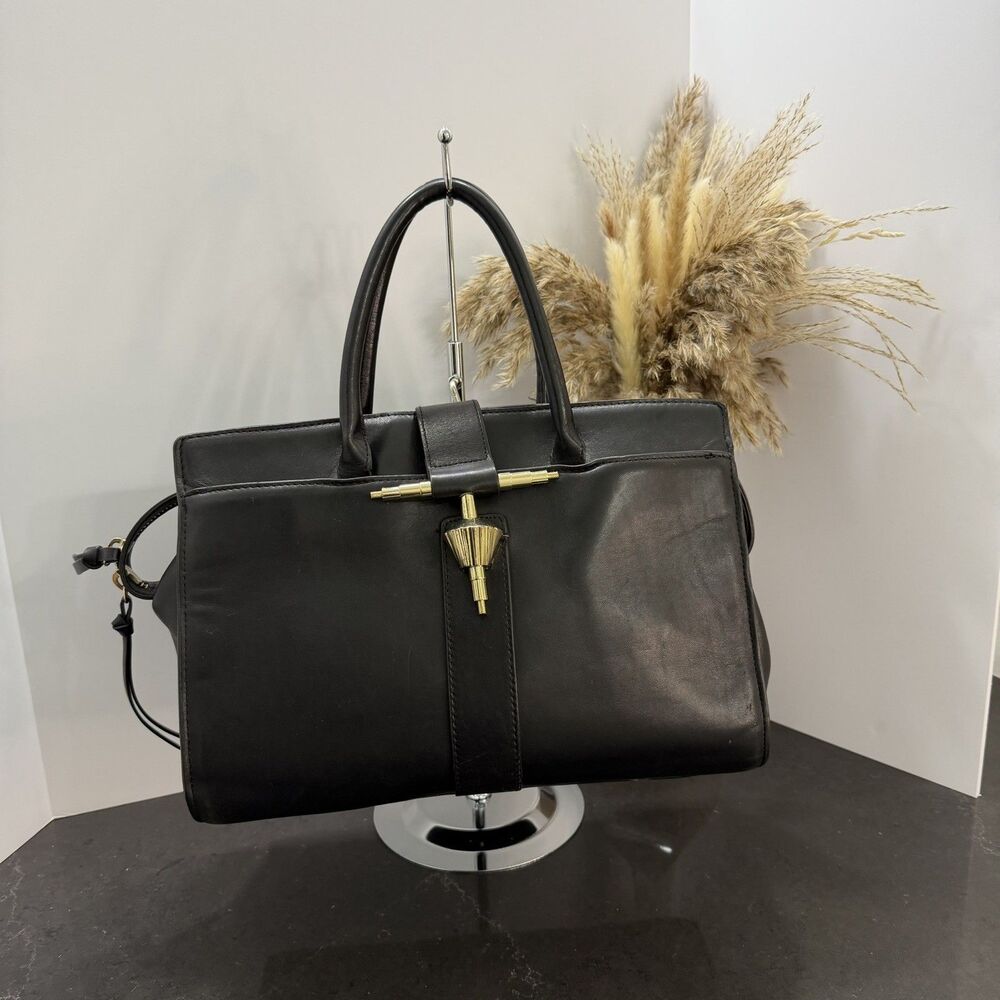 Zara Women’s Black Satchel Detail Double Handle City Bag Unique Gold Hardware